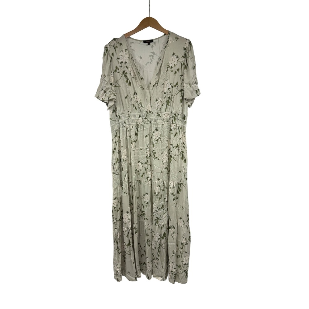 Quince Washable Silk Floral V-Neck Smocked Waist Tiered Midi Dress Green XL